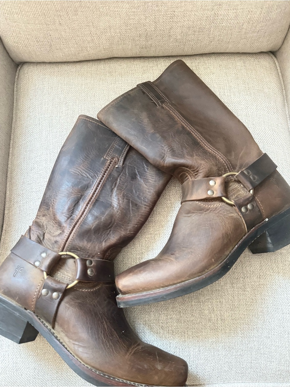 Frye Brown Leather Harness Boots with Brass Hardware